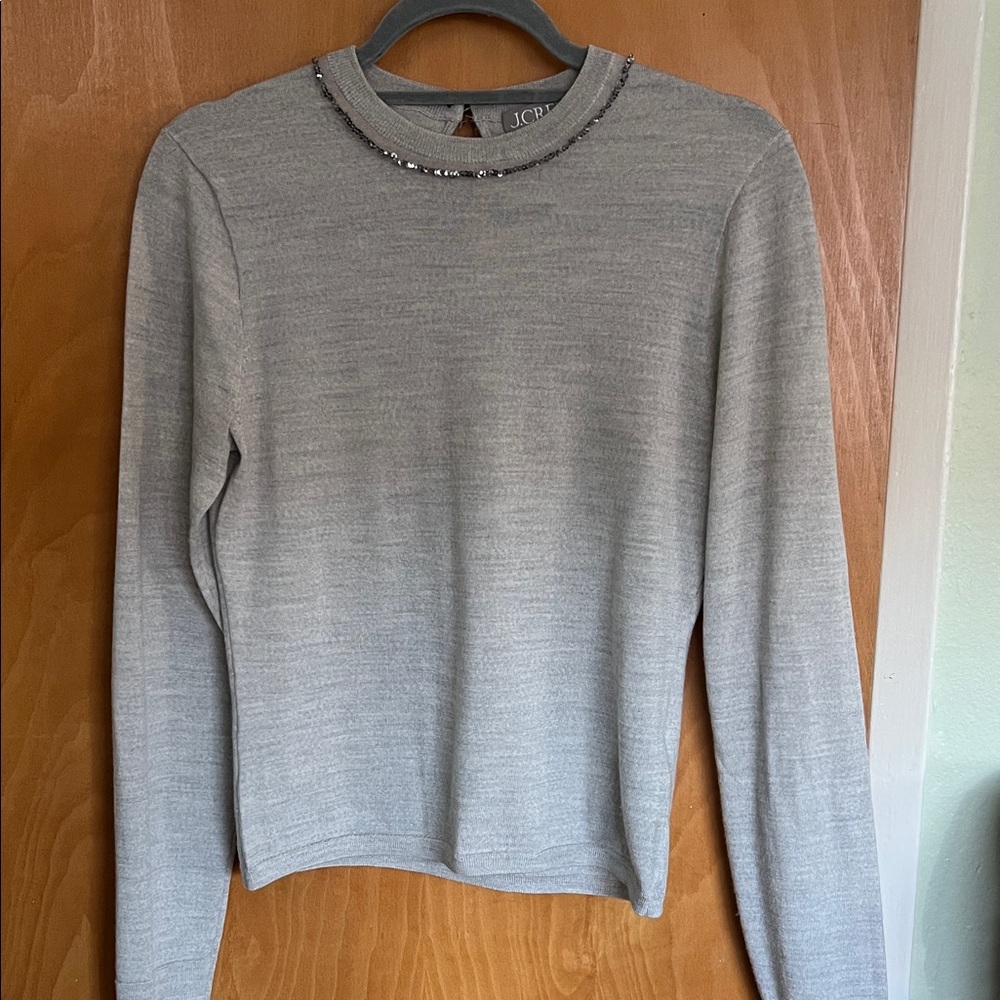 J. Crew Light Gray Long Sleeve Top with Beaded Collar